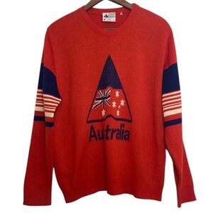 Vintage Sweater Mens Medium Red Blue Wool Made in Australia Crew Neck Pullover